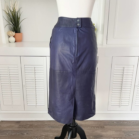 Vintage Gino di Giorgio Navy Blue Patchwork Leather Midi Skirt Size S - Picture 4 of 7